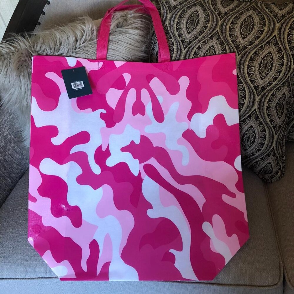 Large, Vinyl Shopping, Tote or Market Bag, Pink Camouflage, 20"x17.3"x7.5"
